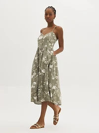 Linen-Blend Floral Midi Dress