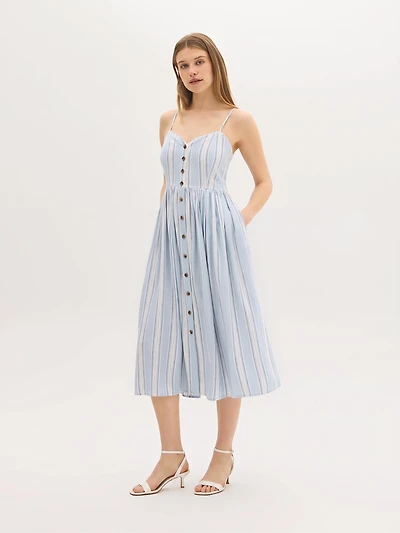 Robe mi-longue en mélange de lin à rayures