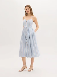 Robe mi-longue en mélange de lin à rayures