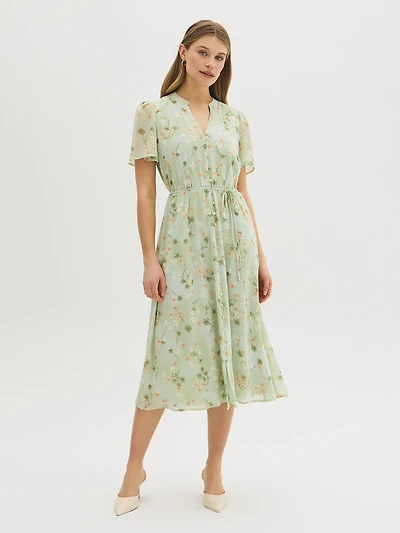 Floral Button-Front Chiffon Midi Dress