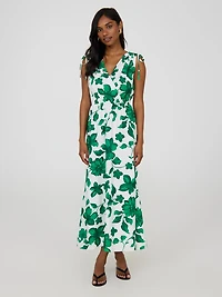 Robe mi-longue sans manches à encolure croisée et imprimé floral
