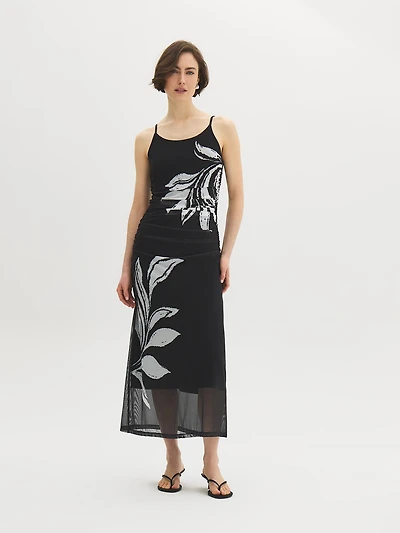 Robe mi-longue en maille à imprimé de feuilles