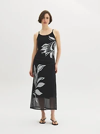 Robe mi-longue en maille à imprimé de feuilles