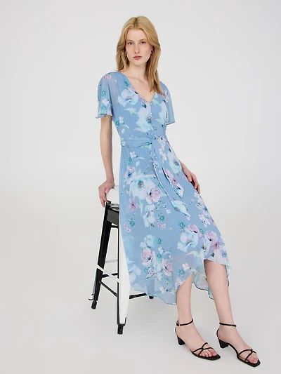 Floral Print Chiffon Handkerchief Hem Dress