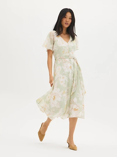 Floral Print V-Neck Chiffon Dress
