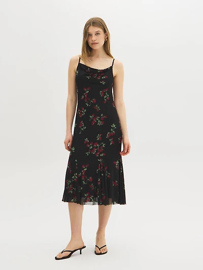 Strawberry Print Cowl Neck Mesh Dress