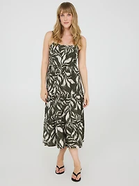 Robe mi-longue à imprimé tropical et bretelles spaghetti