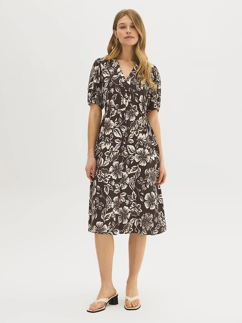 Printed Button-Front Midi Dress