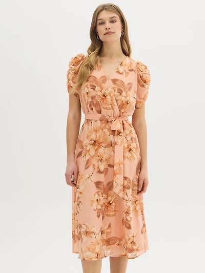 Printed Wrap-Front Midi Dress