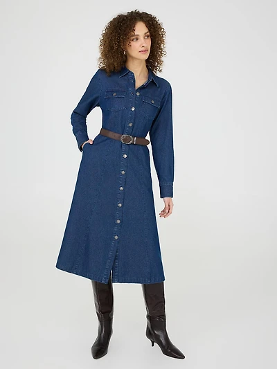 Cotton Denim Midi Shirt Dress