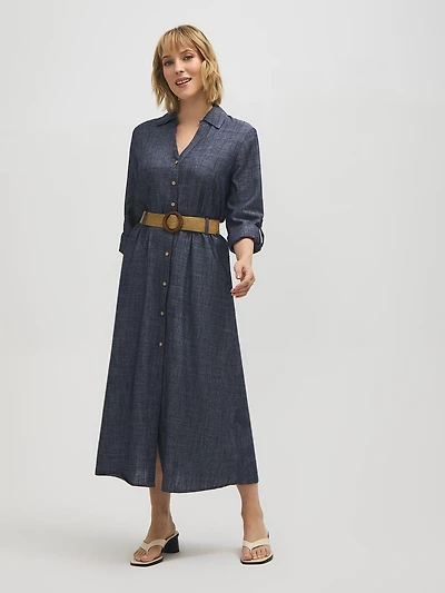 Linen-Blend Midi Shirt Dress