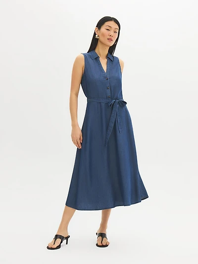 Robe chemise mi-longue sans manches en denim