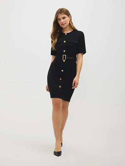 Button-Front Belted Dress