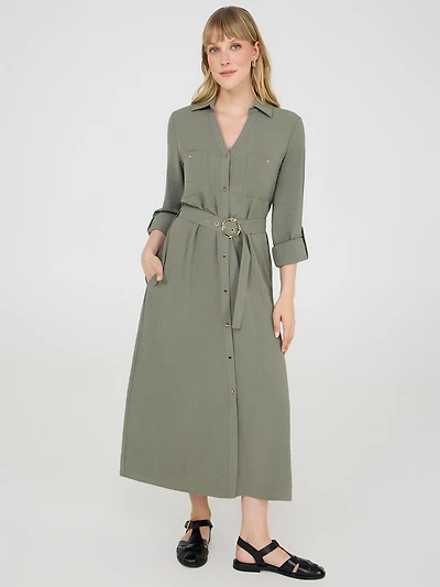 Belted Long Sleeve Midi Shirt Dress