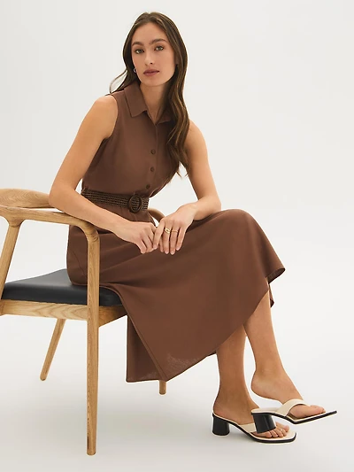 Robe chemise mi-longue en mélange de lin