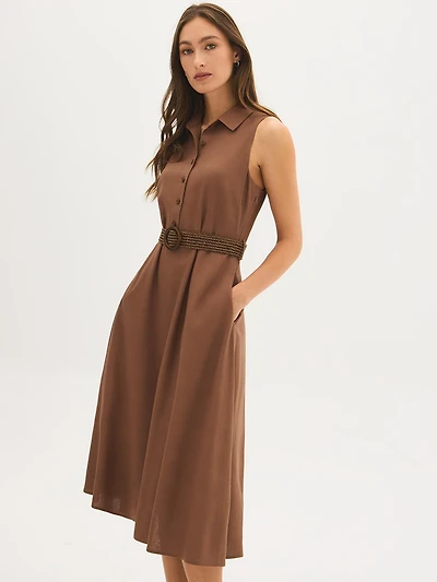 Sleeveless Linen-Blend Midi Shirt Dress