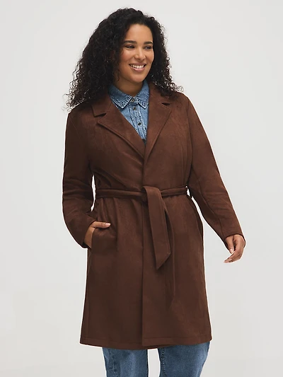 Manteau mi-long en faux suède