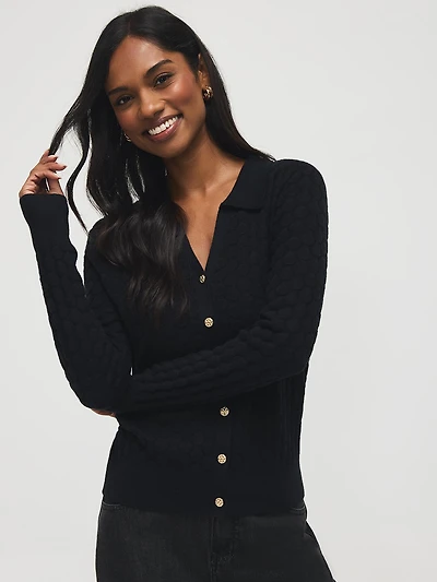 Cardigan à col polo et tricot alvéole