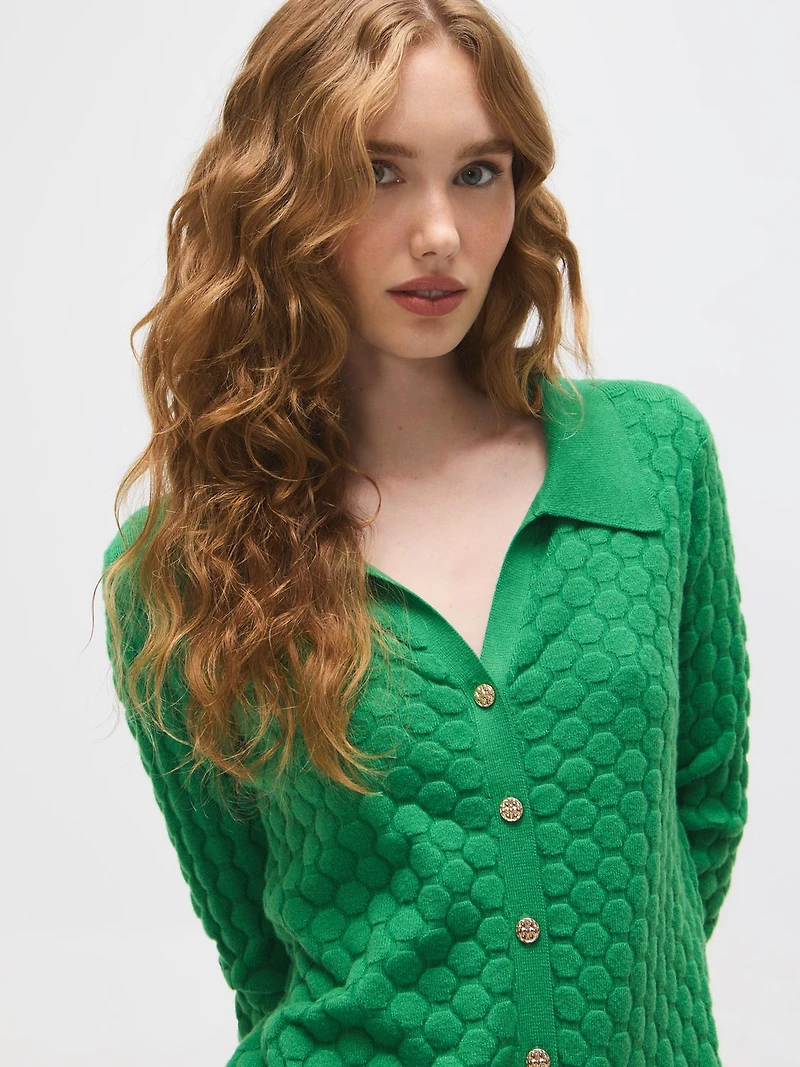 Johnny Collar Honeycomb Stitch Cardigan