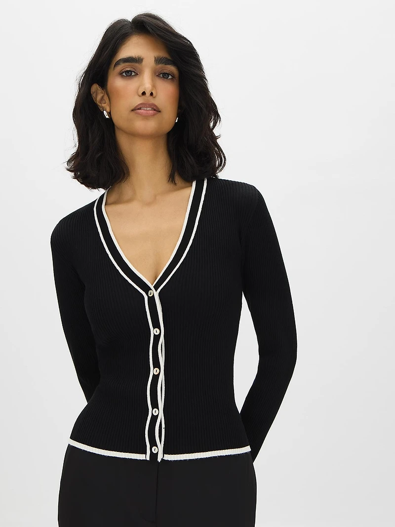 Cardigan à col en V et bordures contrastées