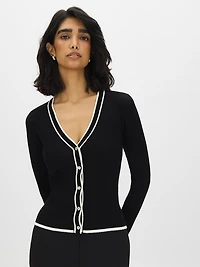 Cardigan à col en V et bordures contrastées
