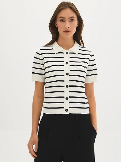 Cardigan boutonné à manches courtes et rayures