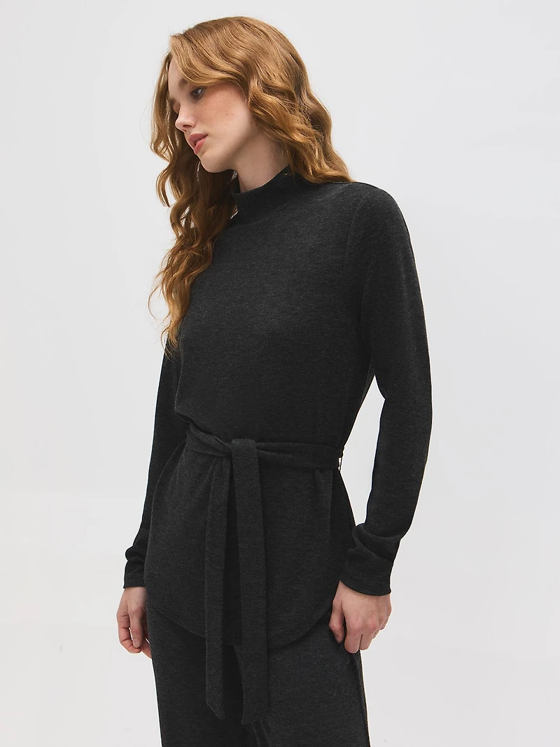 Haut tunique chiné et côtelé à col montant