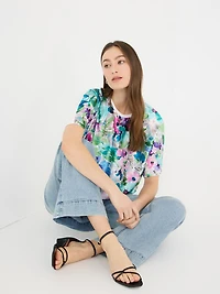 T-shirt en satin à manches dolman et imprimé floral sur le devant