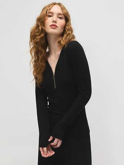 Zipper V-Neck Ribbed Top