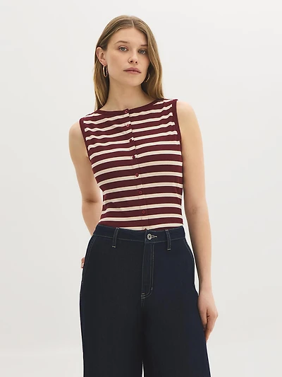 Striped Boatneck Button-Front Top