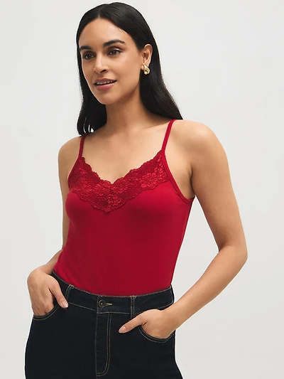 Cotton-Blend Tank Top With Lace Trim