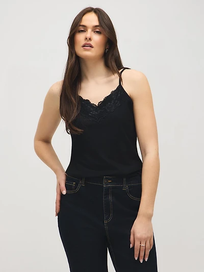 Cotton-Blend Lace Trim Tank Top