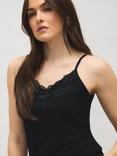 Cotton-Blend Lace Trim Tank Top