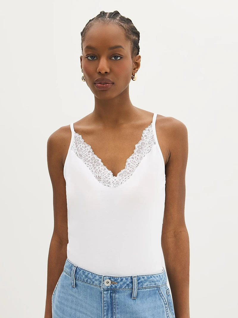 Cotton-Blend Lace-Trim Tank Top