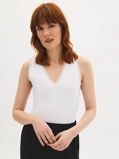 Haut en mélange de coton avec col V dentelle