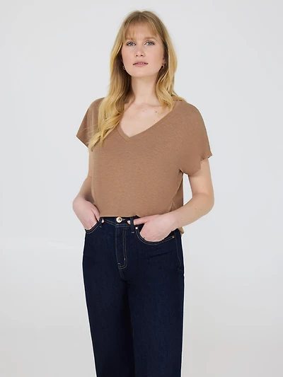 Melange V-Neck Dolman Sleeve T-Shirt