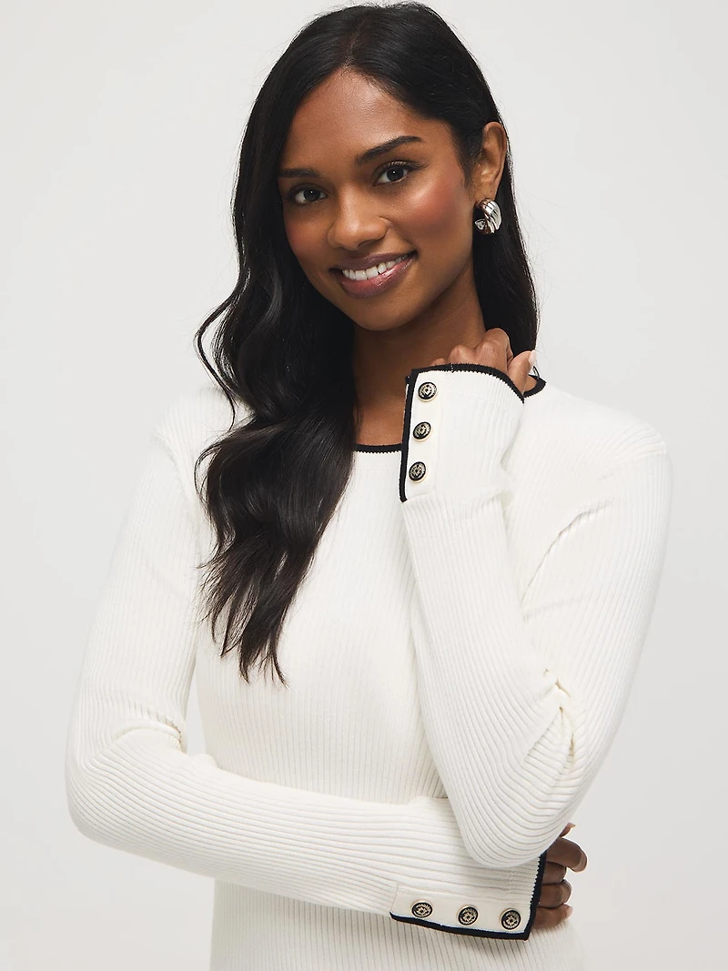 Button-Cuff Ribbed Sweater