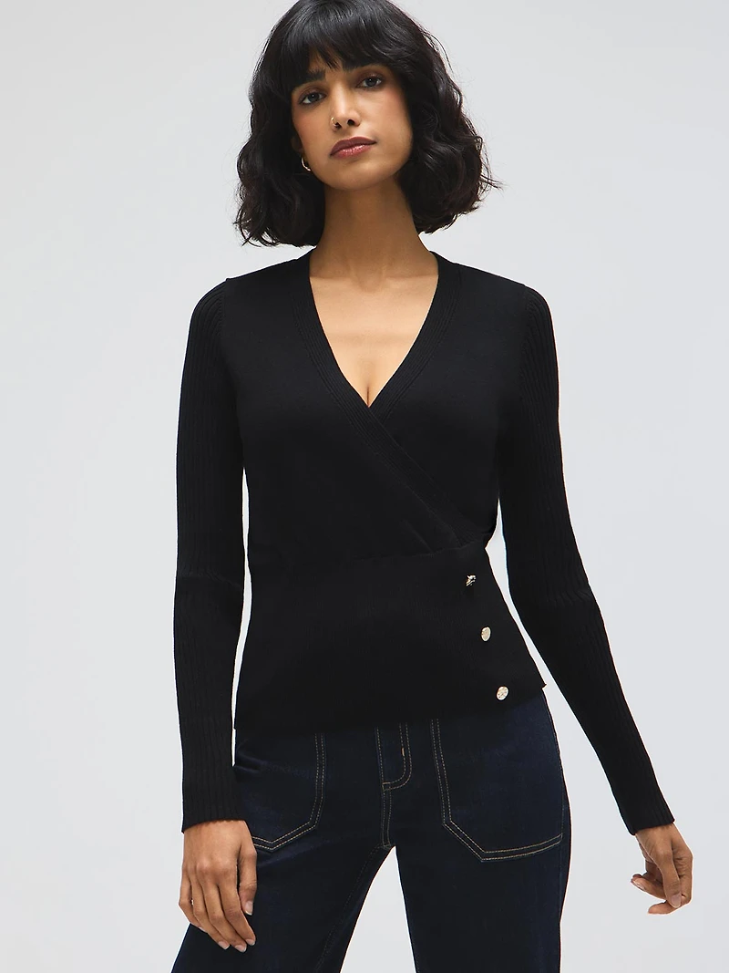 Button-Detail Wrap Front Sweater