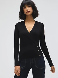 Button-Detail Wrap Front Sweater