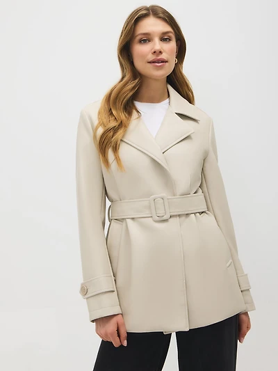 Faux Leather Belted Trench Coat