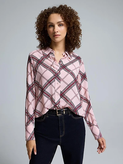 Plaid Button-Front Chiffon Blouse