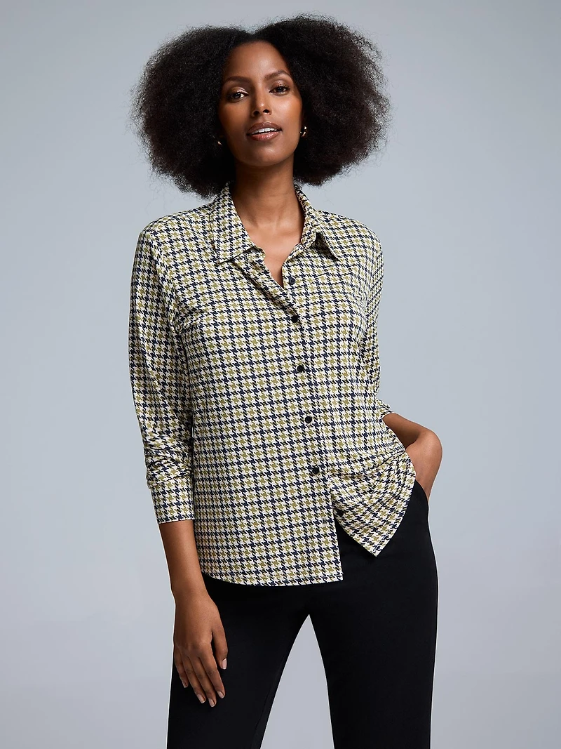 Houndstooth Button-Front Classic Blouse