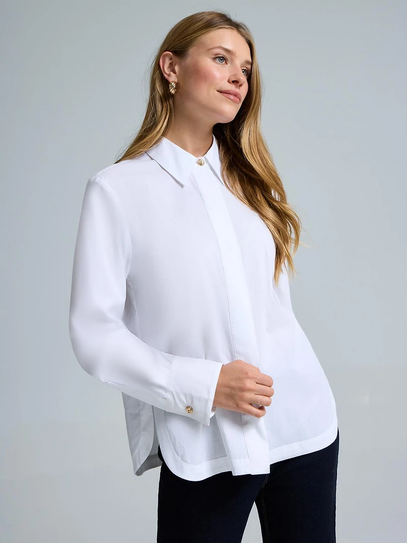 Cotton Poplin Button-Front Blouse