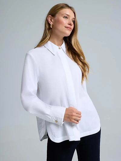 Cotton Poplin Button-Front Blouse