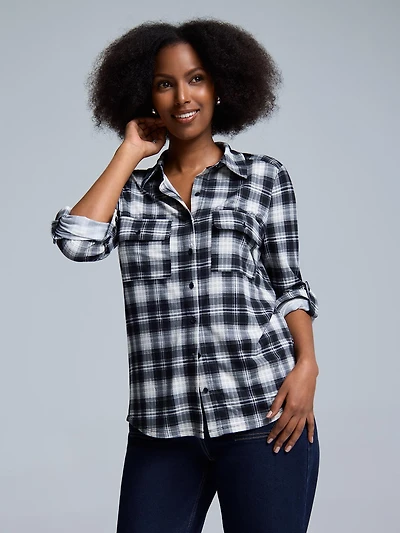 Blouse boutonnée à carreaux foncés