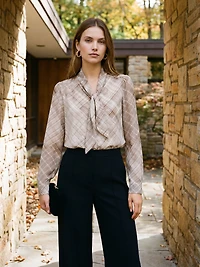Plaid Tie Neck Blouse