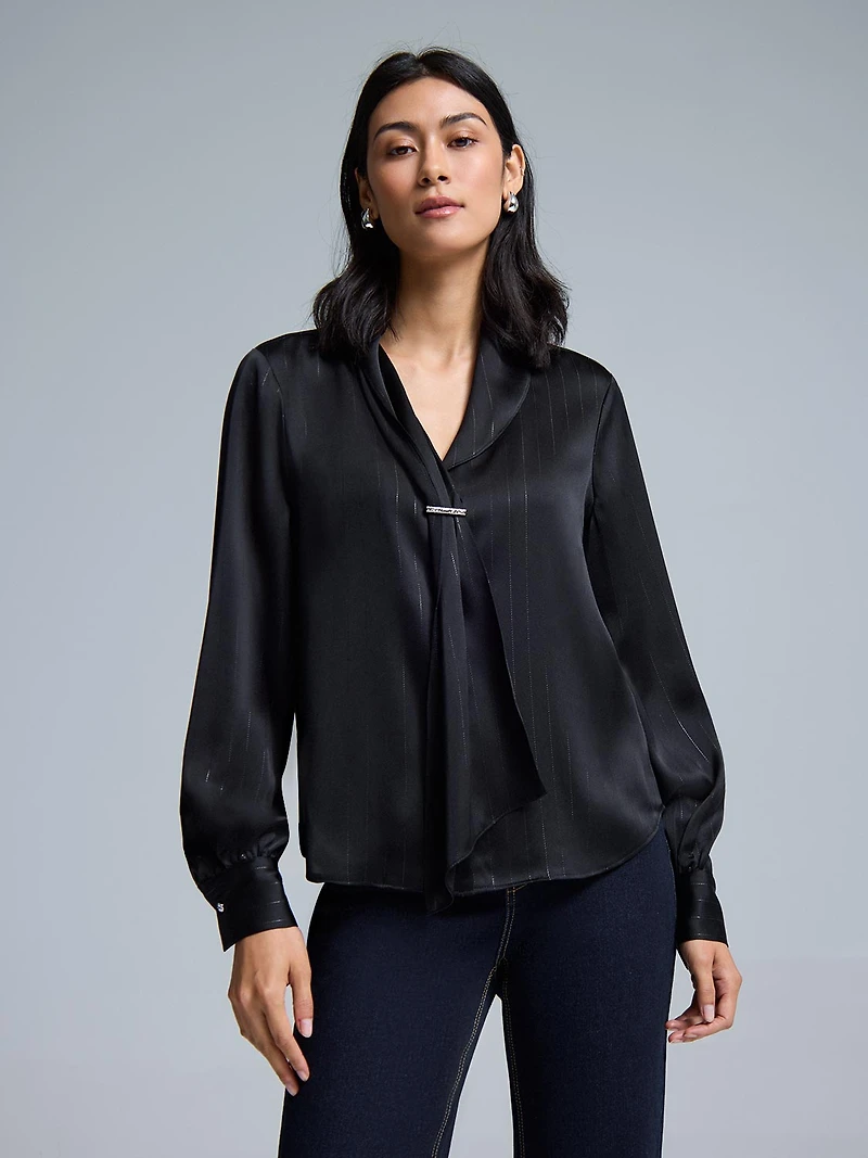 Collar Tie Button-Front Blouse