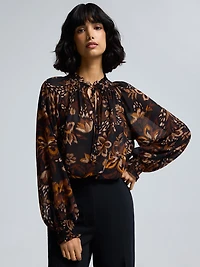 Blouse en mousseline à col smocké et motif floral