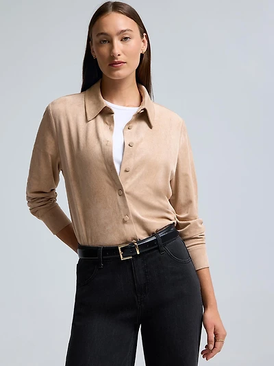 Faux Suede Button-Front Blouse