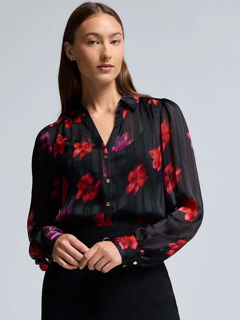 Blouse en mousseline à rayures ombrées et motif floral